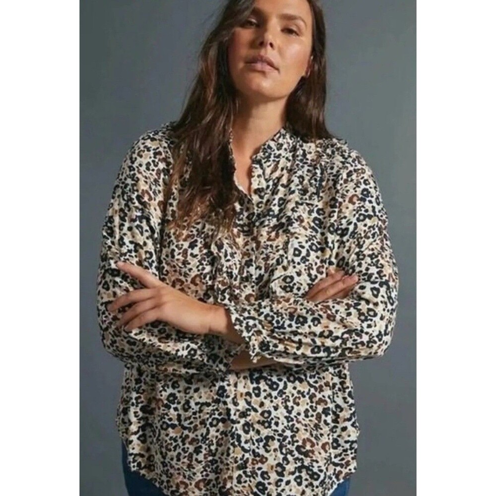 Anthropologie Women's Leopard Print Blouse Ruffle Neck Button Front Top 6 Small